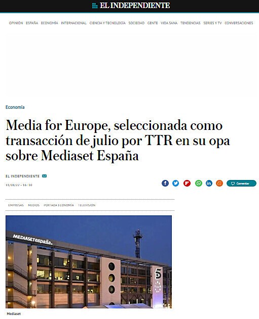 Media for Europe, seleccionada como transaccin de julio por TTR en su opa sobre Mediaset Espaa